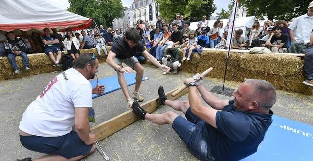 photo festival des jeux de bretagne à nantes, autour du château des ducs de bretagne, avec différentes activités et animations sportives. ici un sport traditionnel breton le bazh yod. 